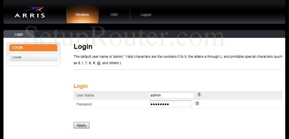 Arris TG1672G Screenshot Login