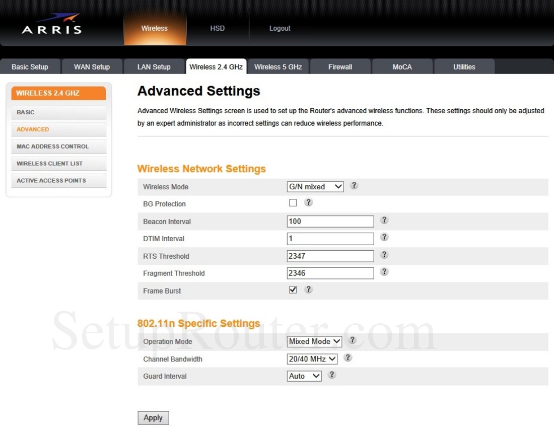 Arris TG2472G Screenshot Wireless2.4GHzAdvanced