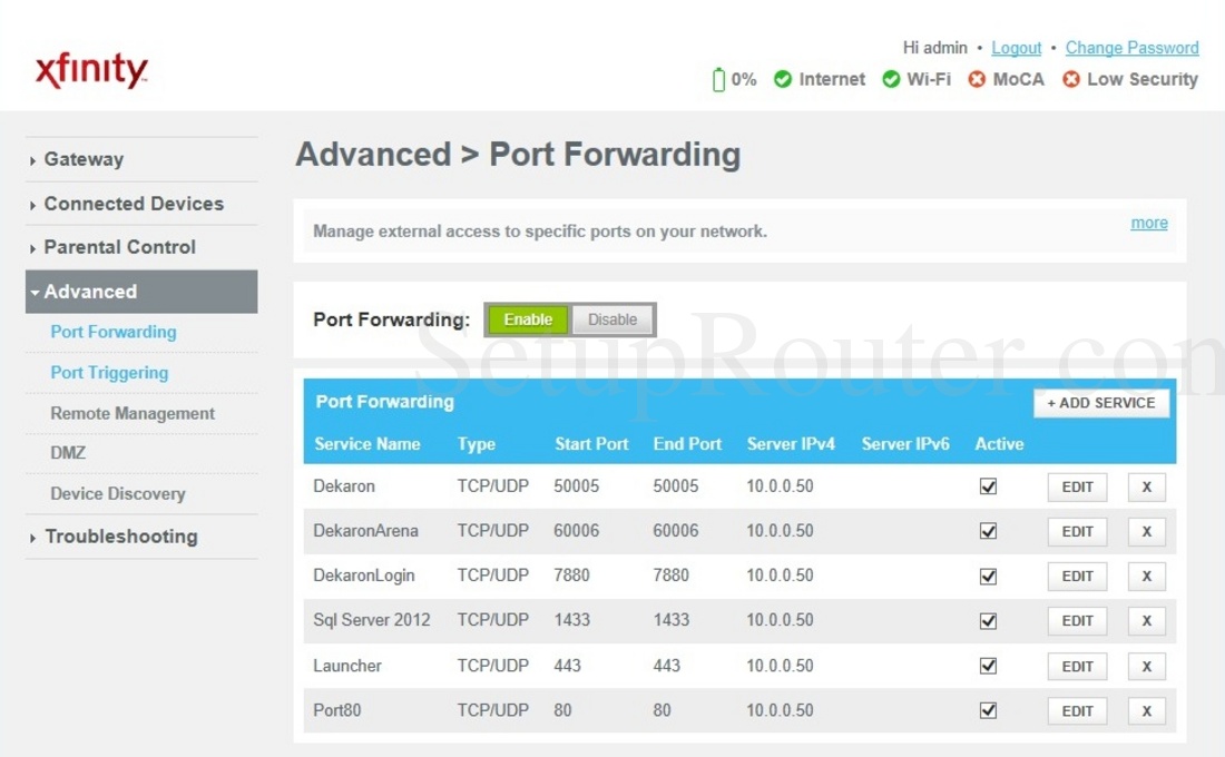 Arris TG3482G Xfinity Screenshot PortForwarding