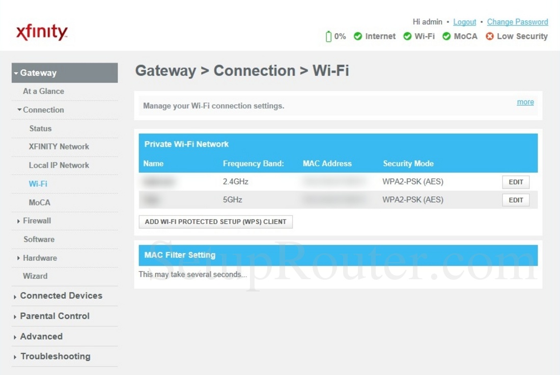 Arris TG3482G Xfinity Screenshot WiFiConnection