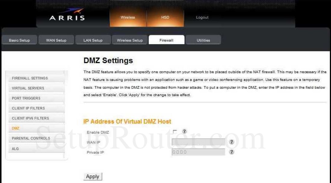 Arris TG852 Screenshot DMZ Settings