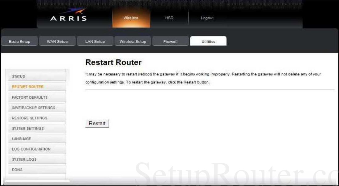 Arris TG852 Screenshot Restart Router