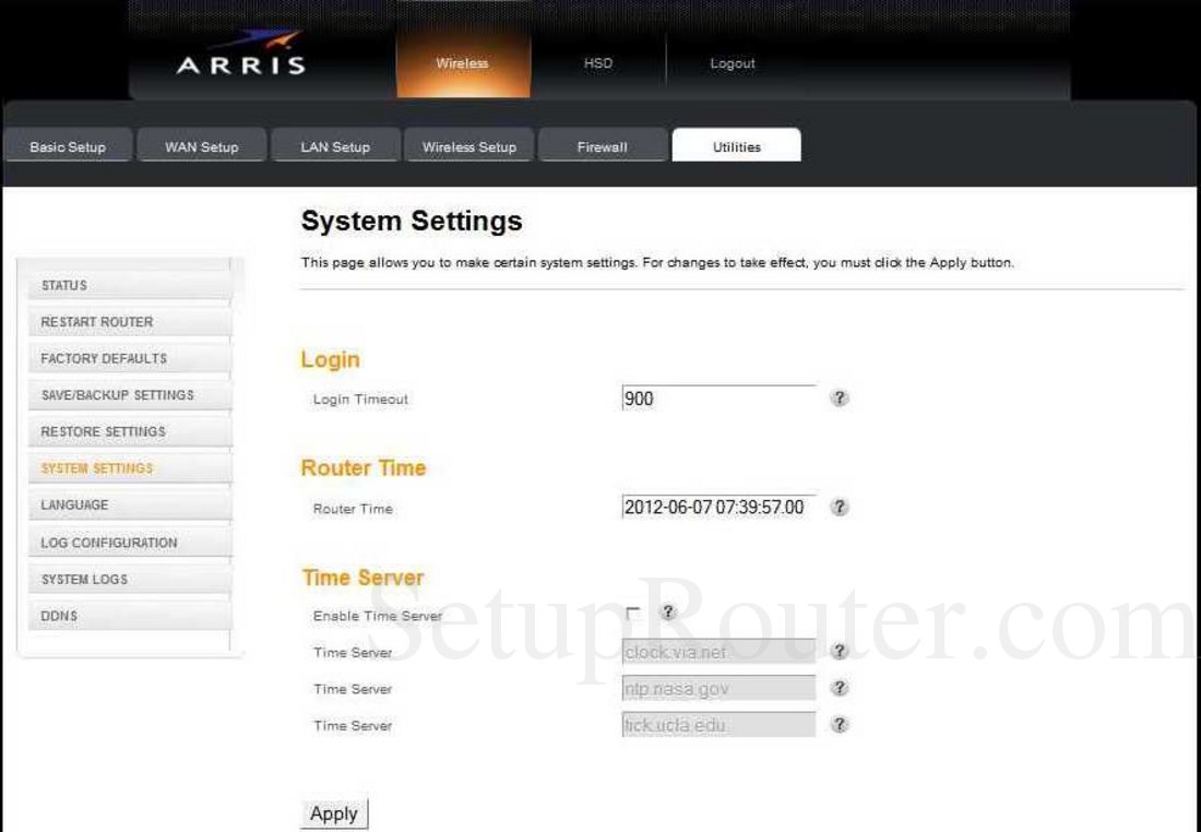 Arris TG852 Screenshot System Settings