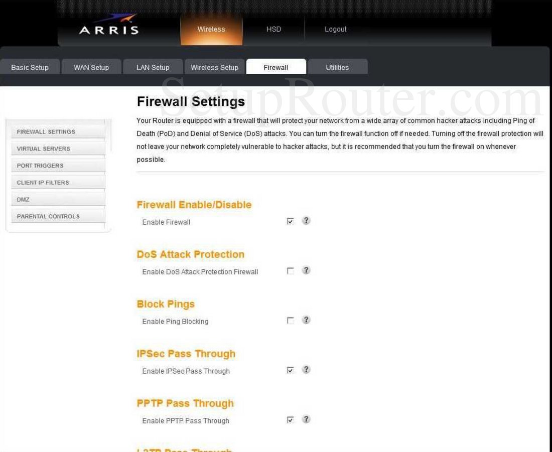 Arris TG852G Screenshot Firewall Settings