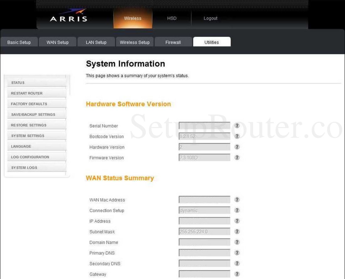 Arris TG852G Screenshot System Information