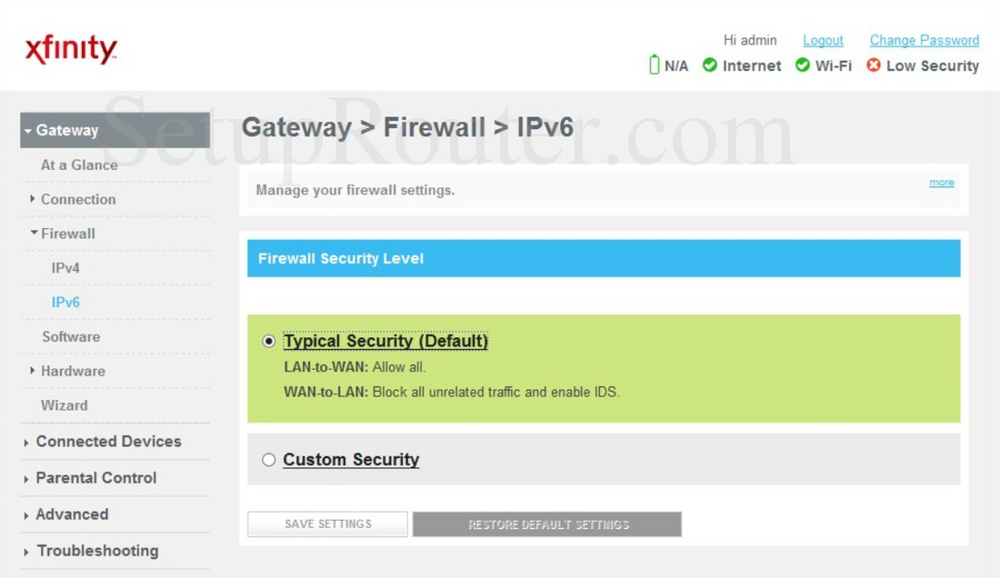 Arris TG852GCT Xfinity Screenshot FirewallIPv6
