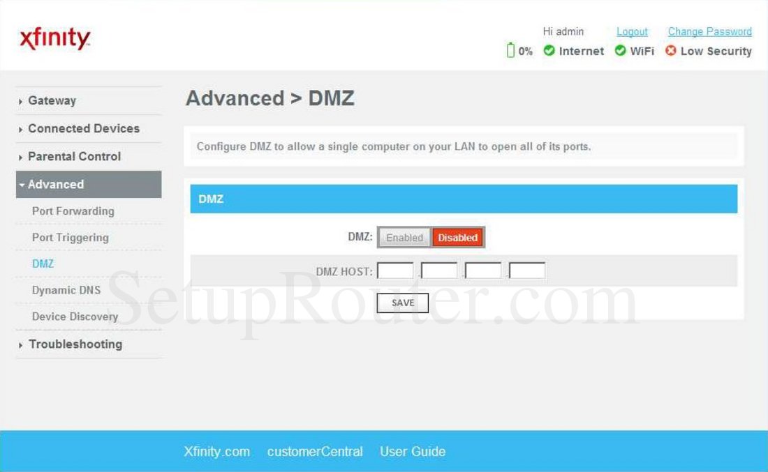 Arris TG862 Screenshot DMZ
