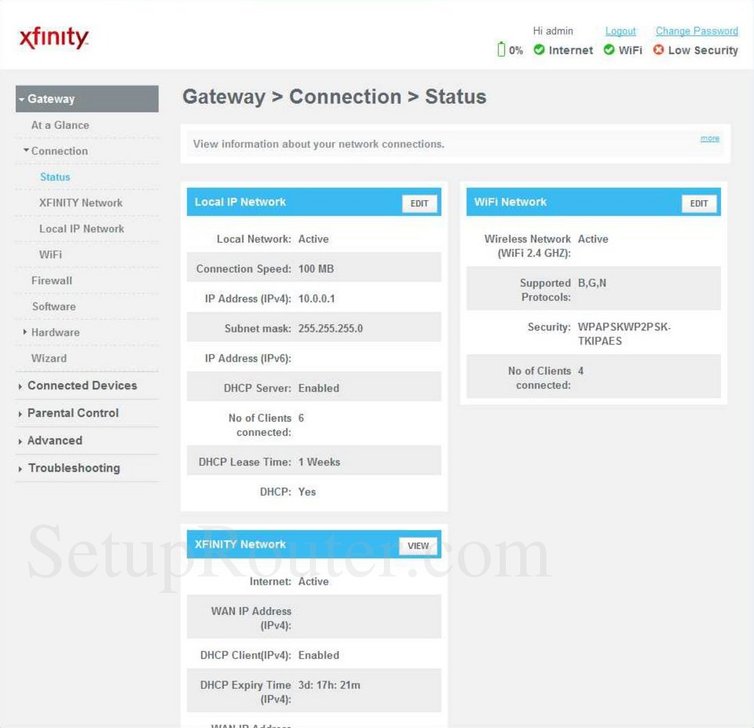 Arris TG862 Screenshot Connection Status