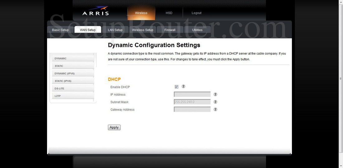 Arris TG862A Screenshot DynamicConfigurationSettings