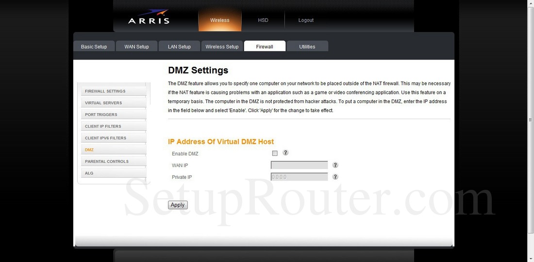 Arris TG862A Screenshot DMZSettings