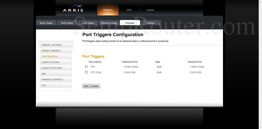 Arris TG862A Screenshot PortTriggers