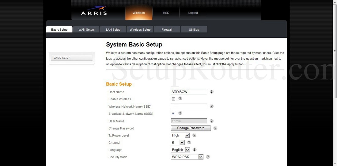 Arris TG862A Screenshot SystemBasicSetup