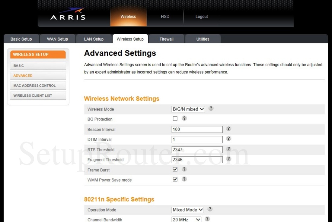 Arris TG862GNA Screenshot WirelessAdvancedSetup