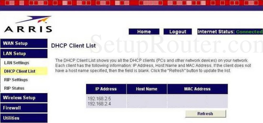 Arris WTM652 Screenshot DHCP Client List