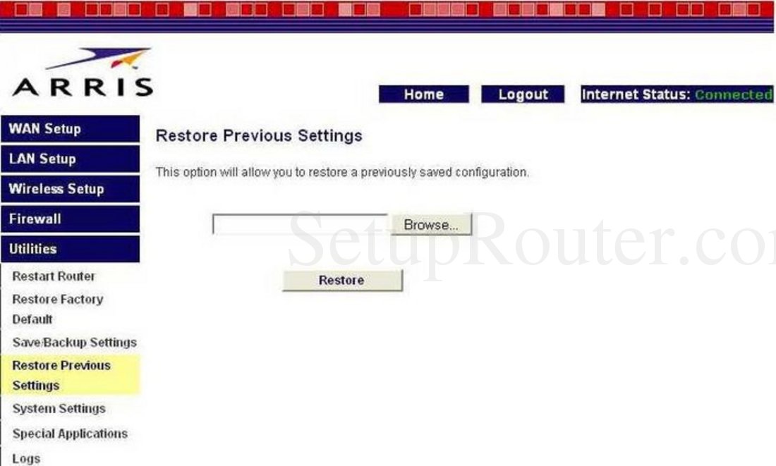 Arris WTM652G Screenshot Restore Previous Settings