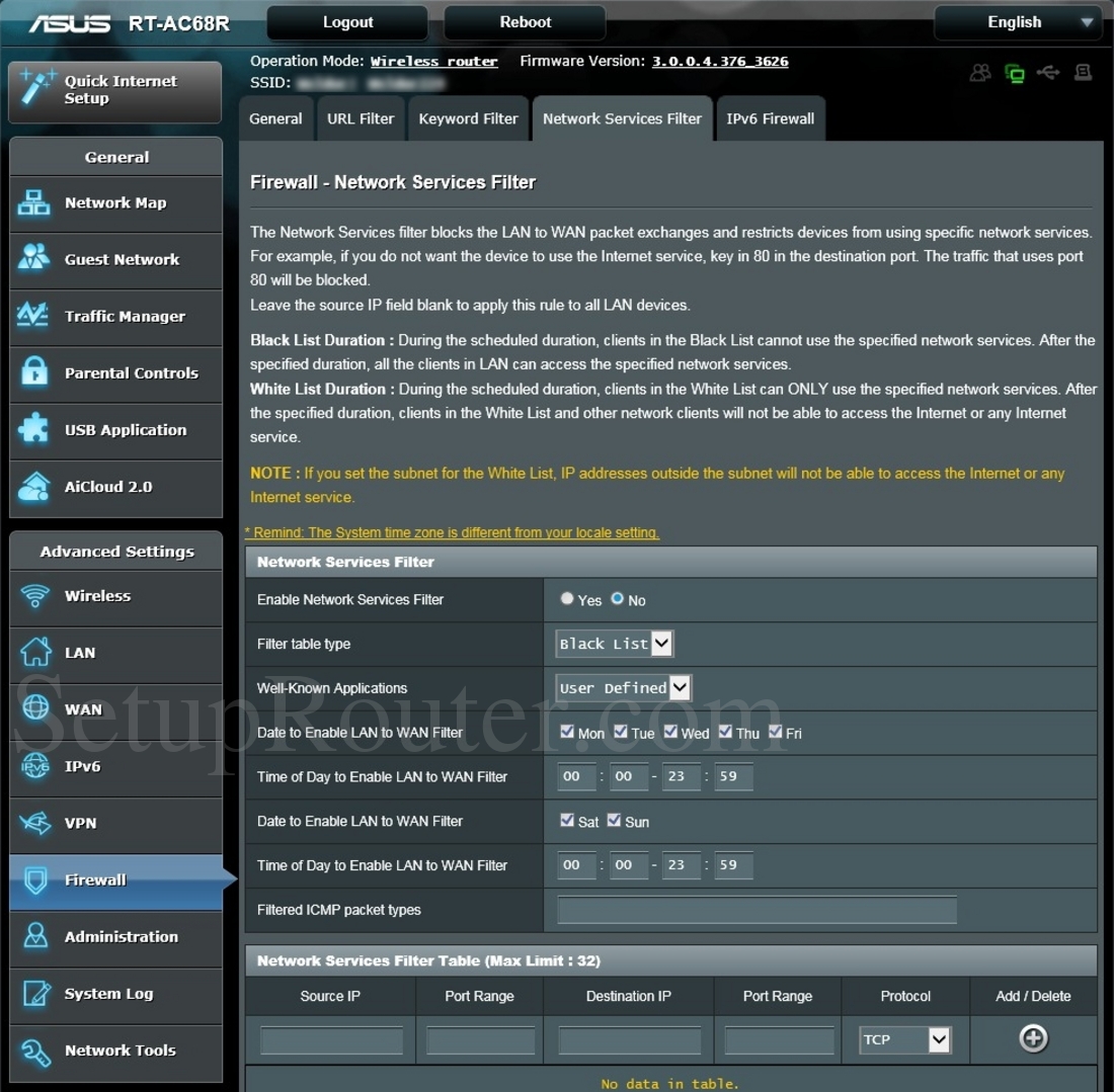 Asus RTAC68R Screenshot NetworkServicesFilter