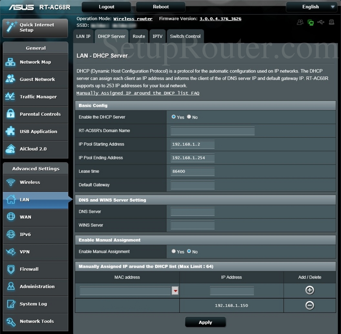 Asus RTAC68R Screenshot DHCPServer