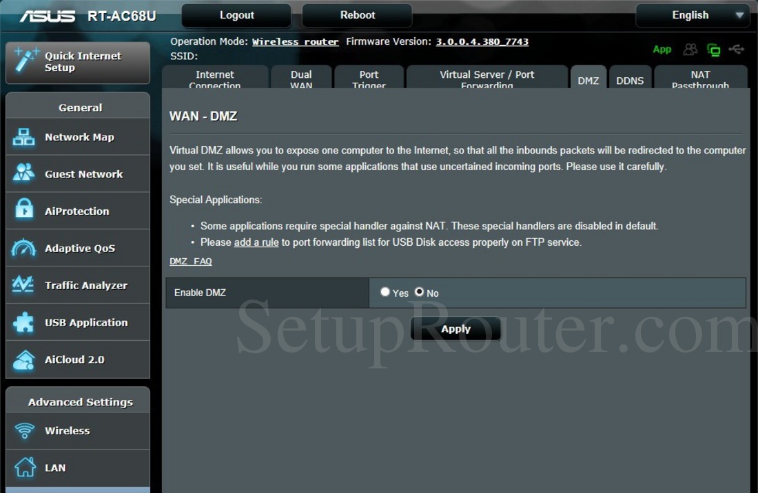 Asus RT-AC68U Screenshot DMZ