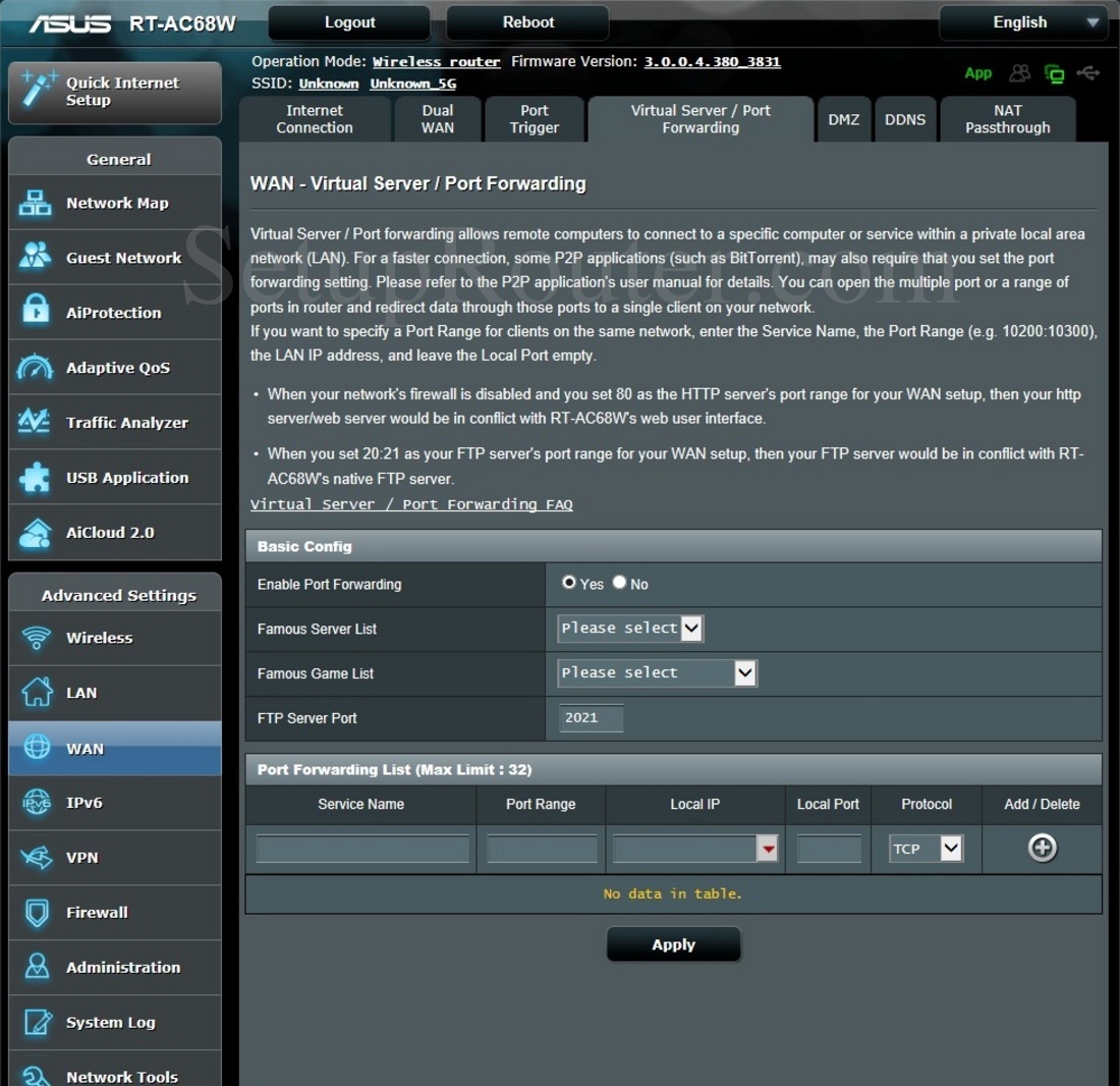 Asus RT-AC68W Screenshot VirtualServerPortForwarding