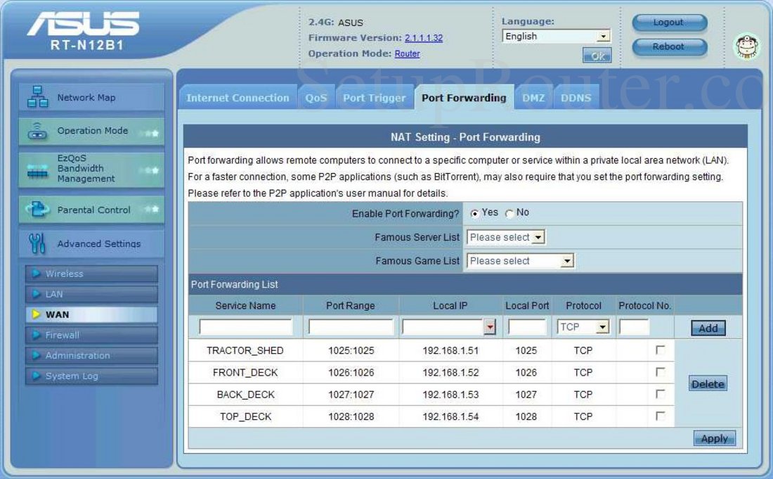 Asus RT-N12B1 Screenshot PortForwarding