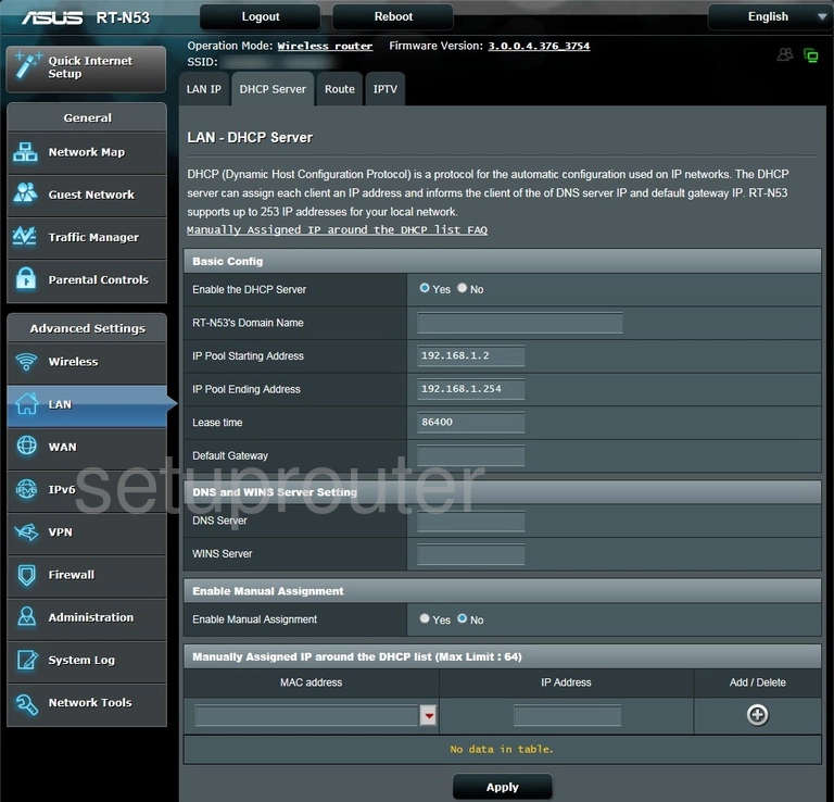 router DHCP lan mac address binding internet settings