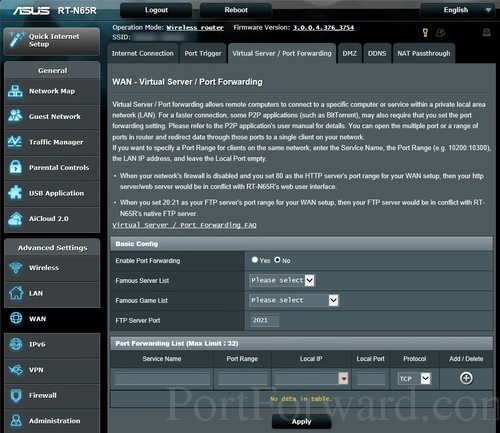 Asus RT-N65R Virtual Server Port Forwarding
