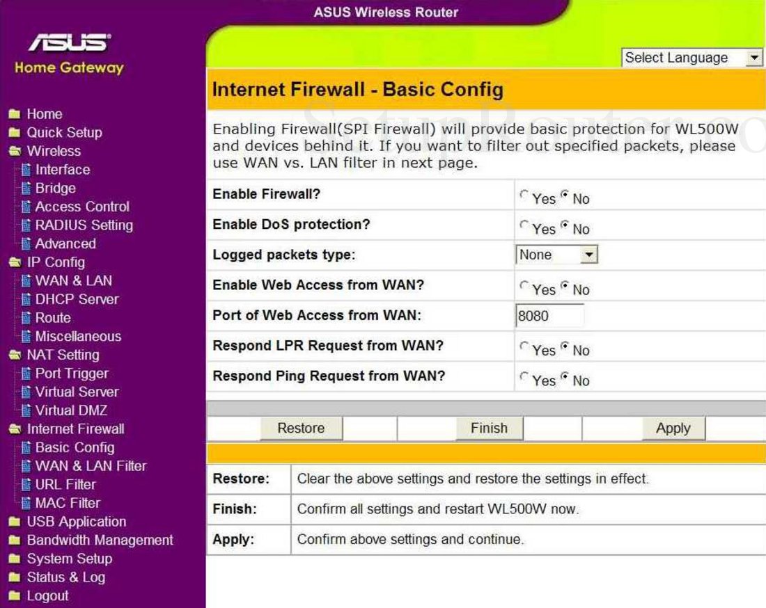 Asus WL500W Screenshot Firewall Basic Config