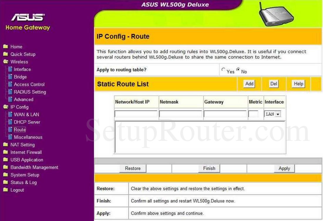 Asus WL500gDeluxe Screenshot IP Config Route