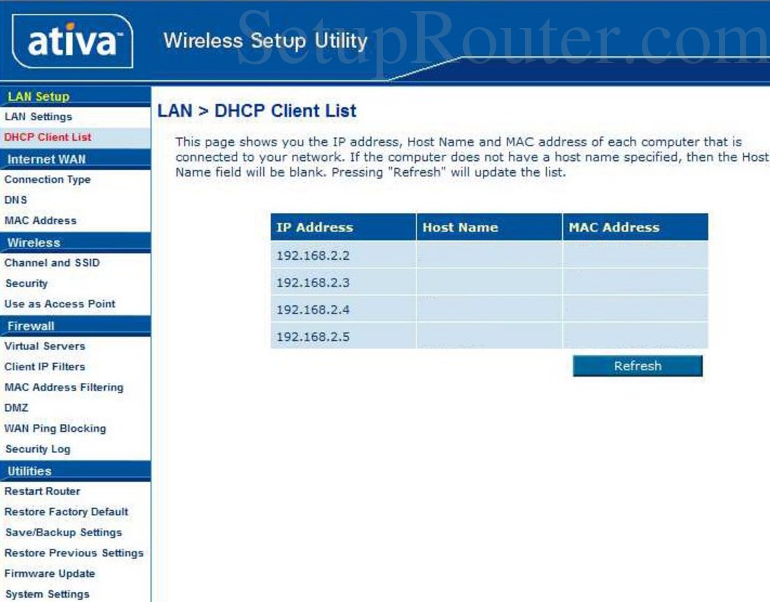 Ativa AWGR54 Screenshot DHCP Client List