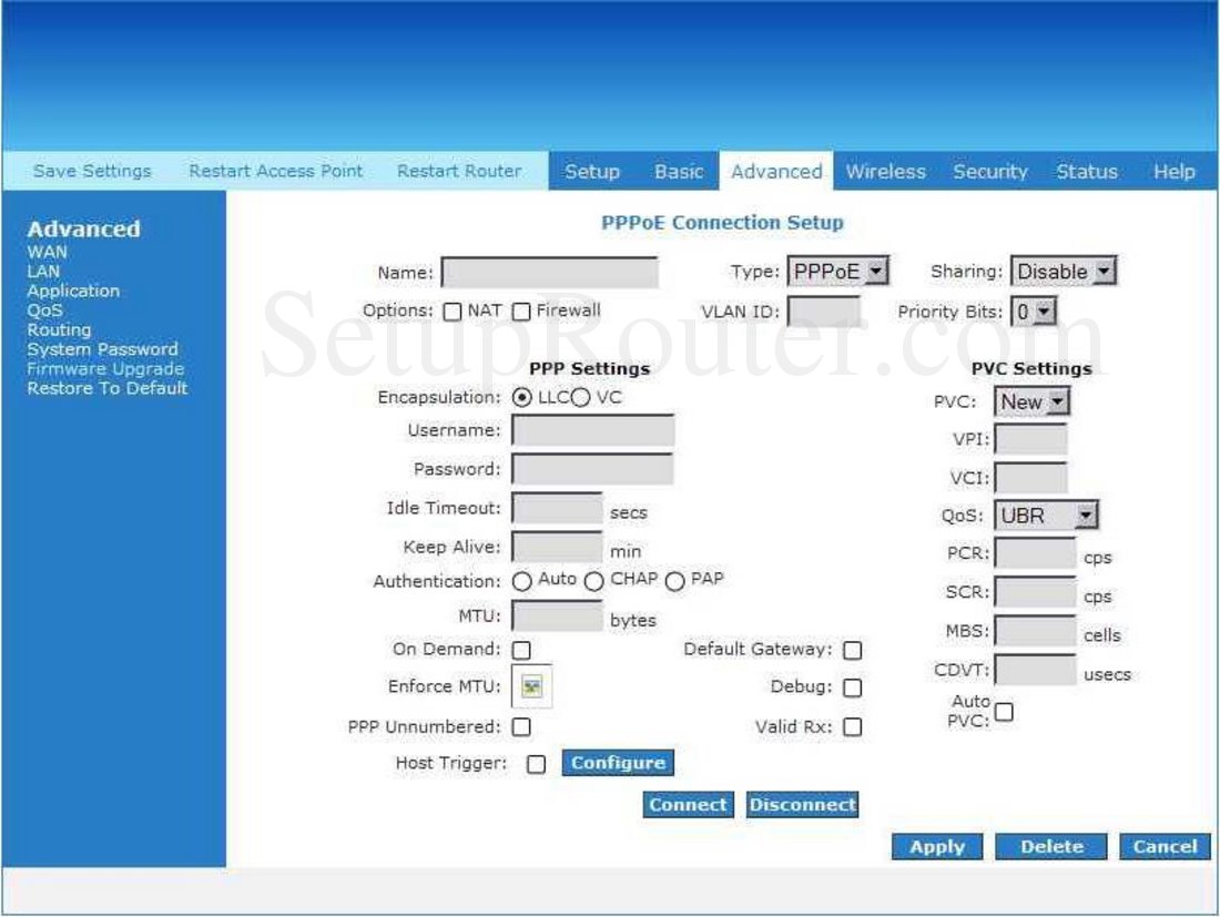 Aztech DSL600EW Screenshot PPPoE Connection Setup