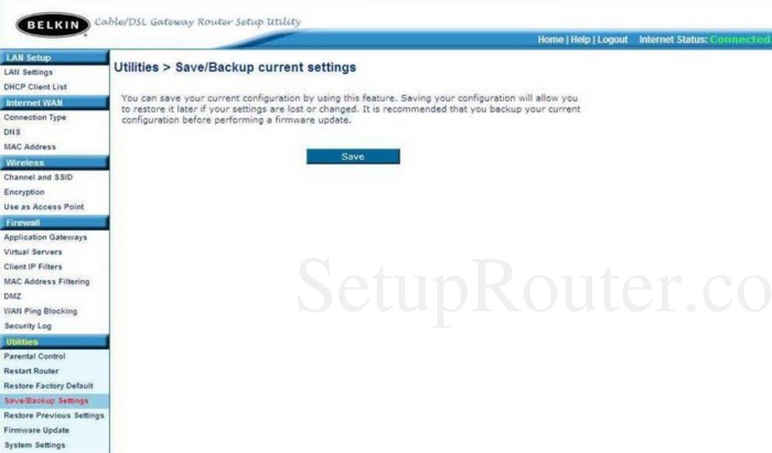 Belkin F5D6231-4 Screenshot Save Backup Current Settings