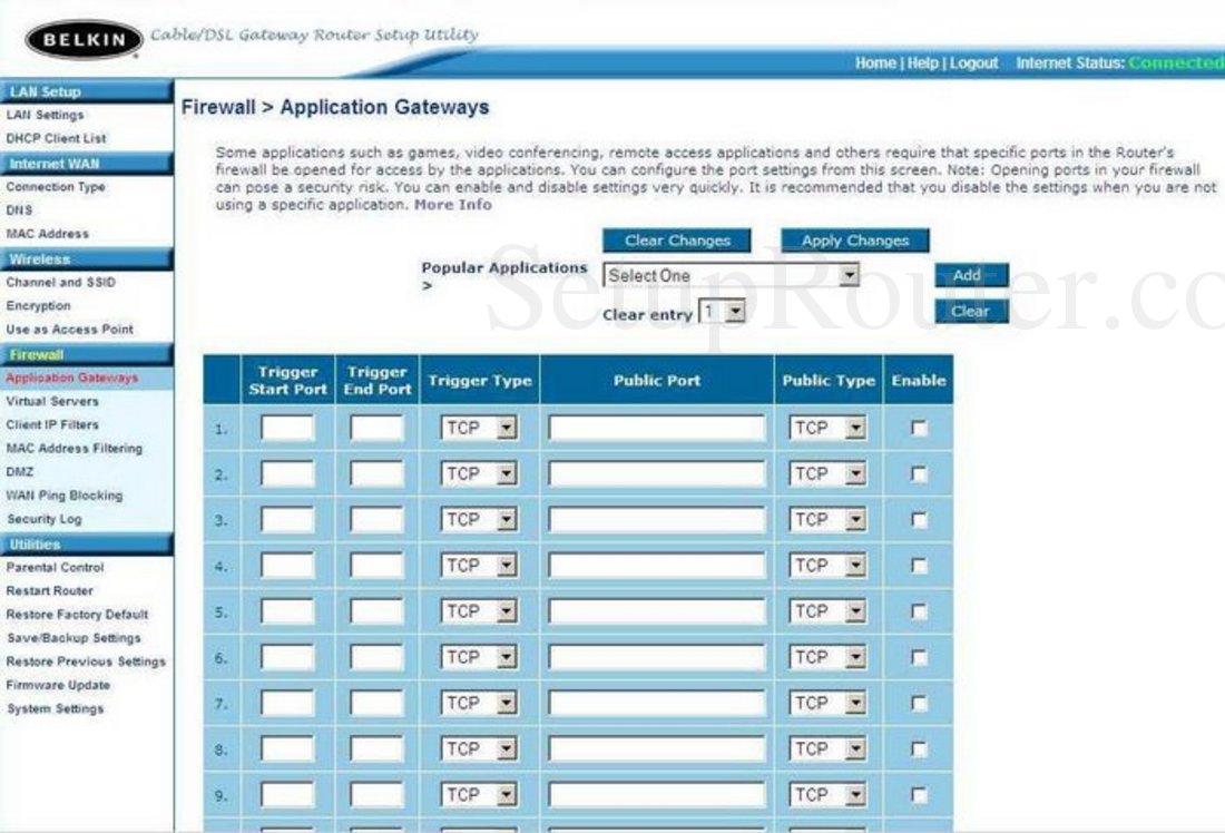 Belkin F5D6231-4 Screenshot Application Gateways