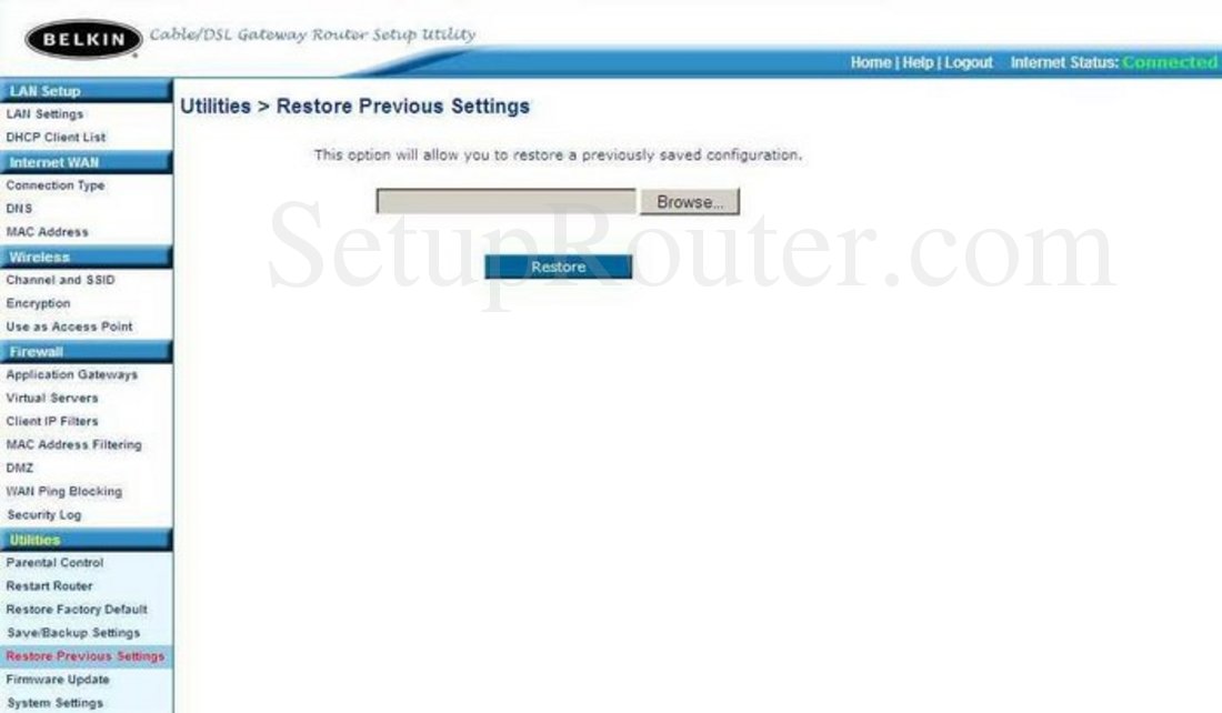 Belkin F5D6231 4 Screenshot Restore Previous Settings