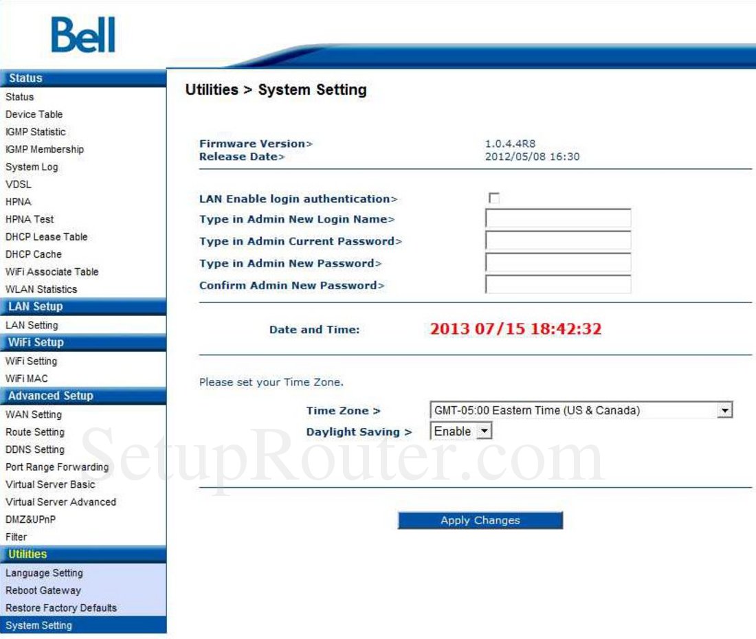 Bell CellPipe7130 Screenshot System Setting