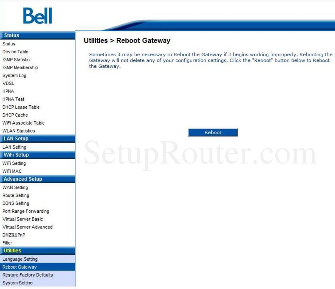 Bell CellPipe7130 Screenshot Reboot Gateway