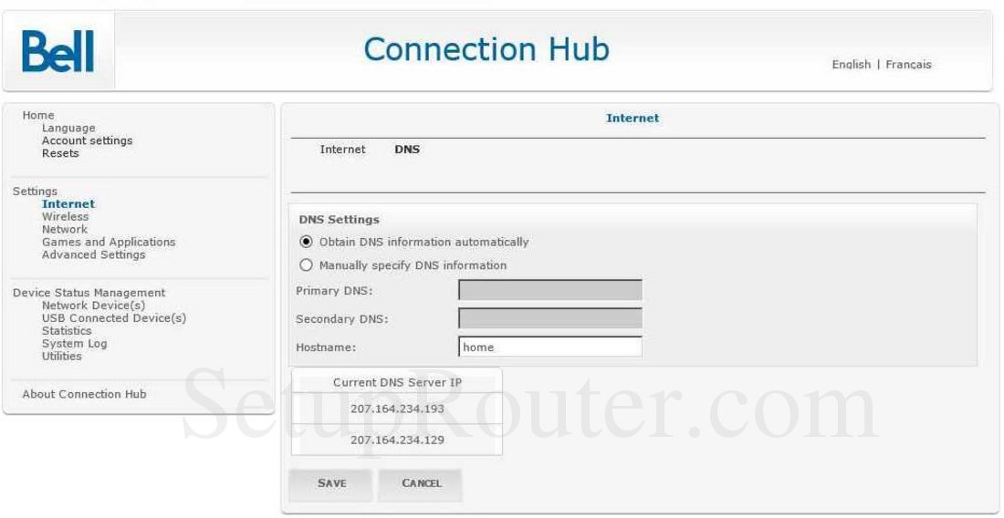 Bell ConnectionHub Screenshot DNS Settings