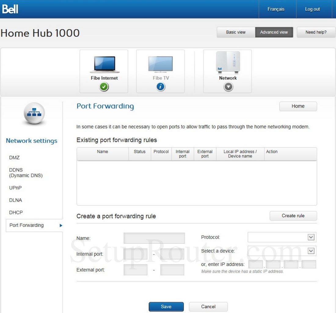 Bell Home Hub 1000 Screenshot PortForwarding