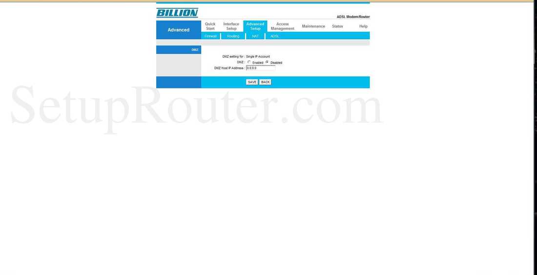 Billion BiPAC-5210S Screenshot Advanced Setup - NAT - DMZ