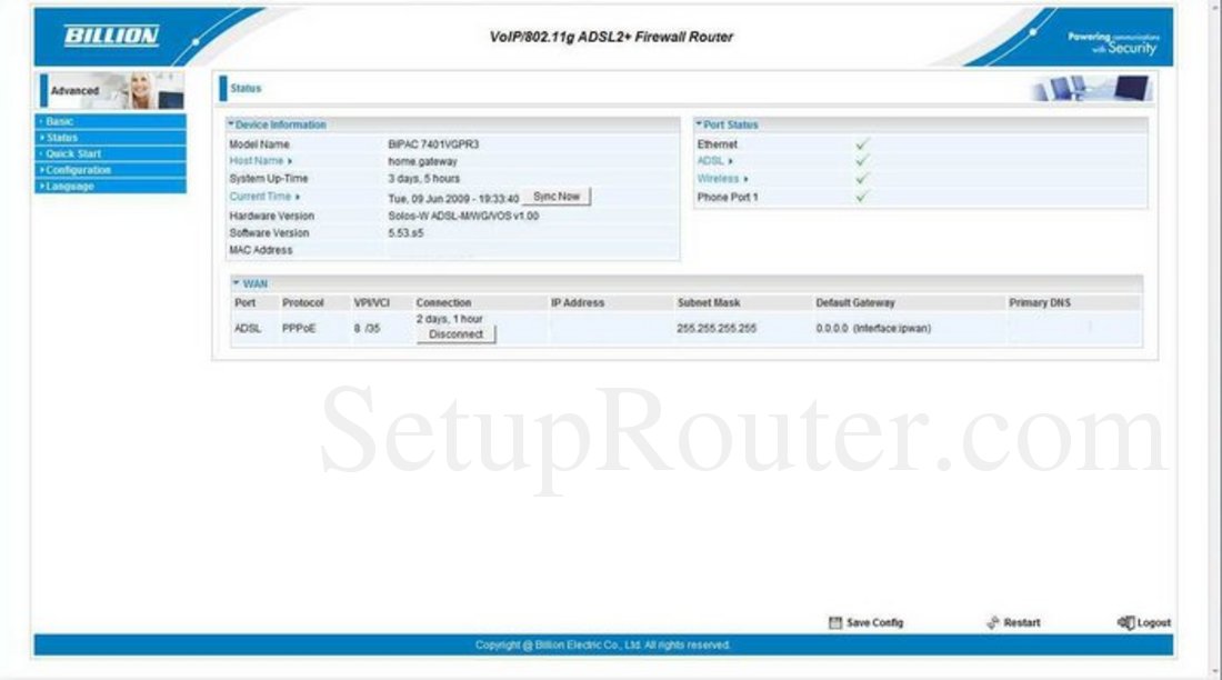 Billion BiPAC-7401VGP-R3 Screenshot Status