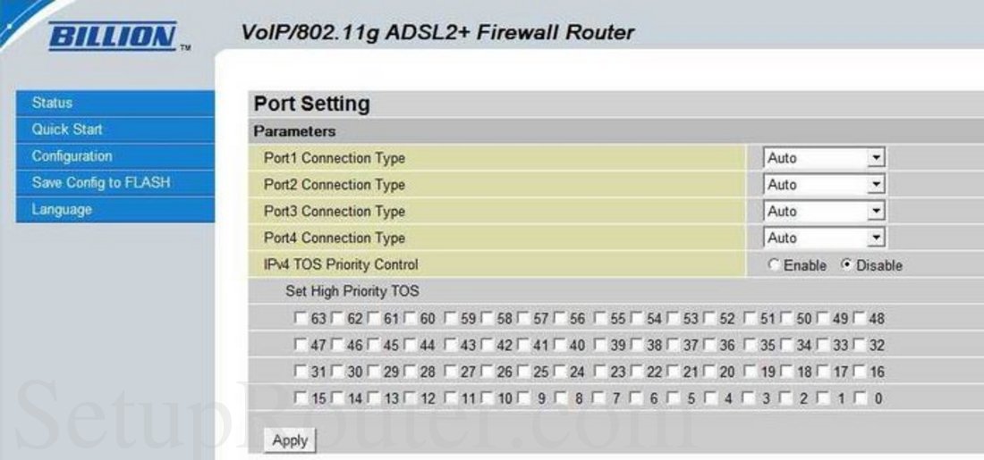 Billion BiPAC-7401VGP Screenshot Port Setting