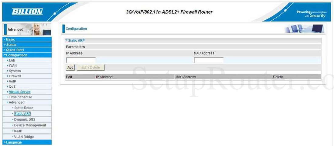 Billion BiPAC-7404VPNX Screenshot Static ARP
