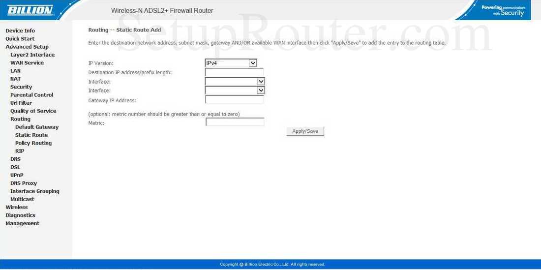 Billion Bipac 7700n R2 Screenshot Routing Static Route Add