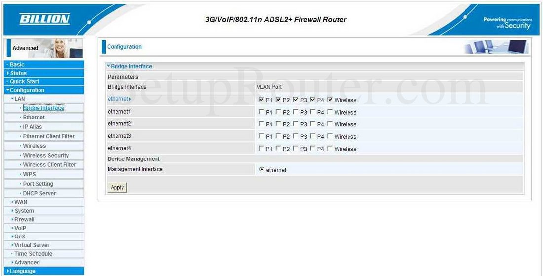 Billion BiPAC7800N Screenshot Bridge Interface