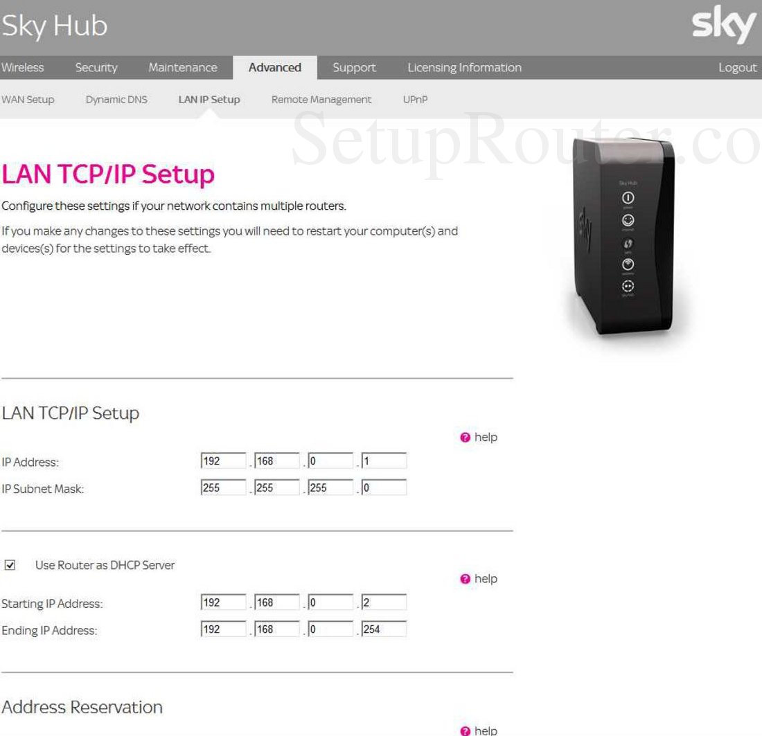 BSkyB SkyHub Screenshot LAN IP Setup