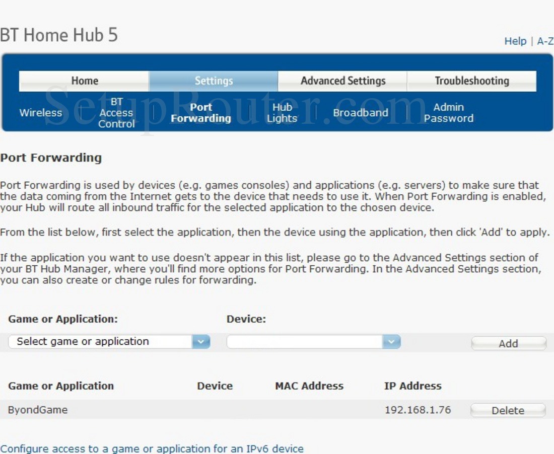 BT Home Hub 5 Screenshot PortForwarding