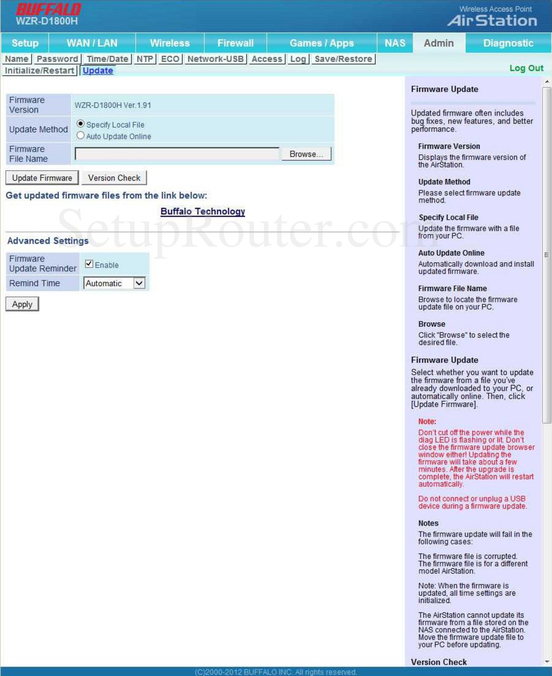 Kontur lager Postbud Buffalo WZR-D1800H Screenshot Firmware Update
