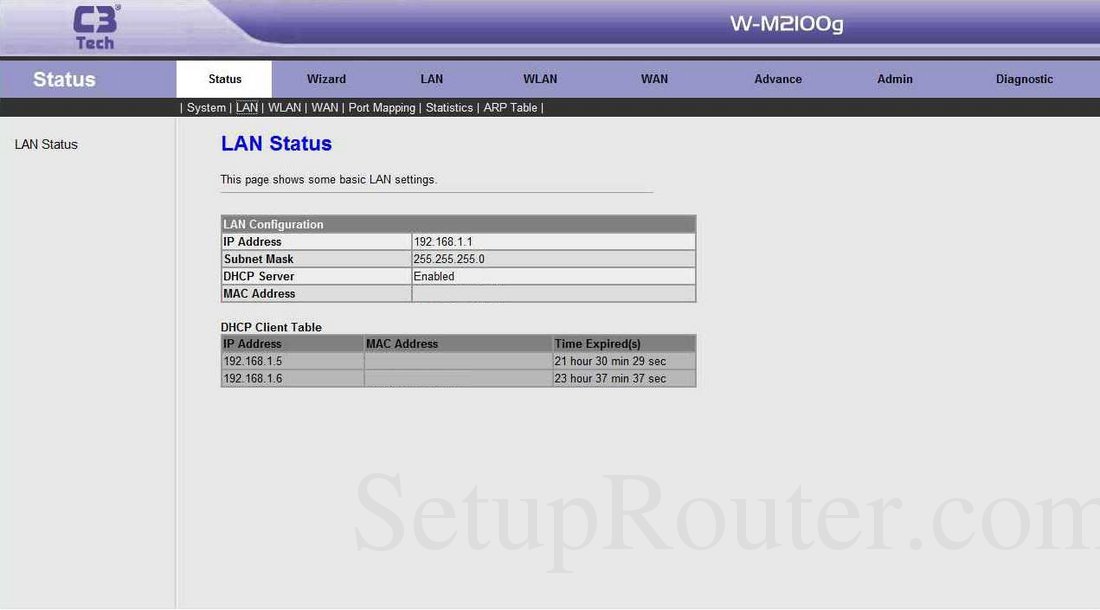 C3TECH WM2100g Screenshot LAN Status