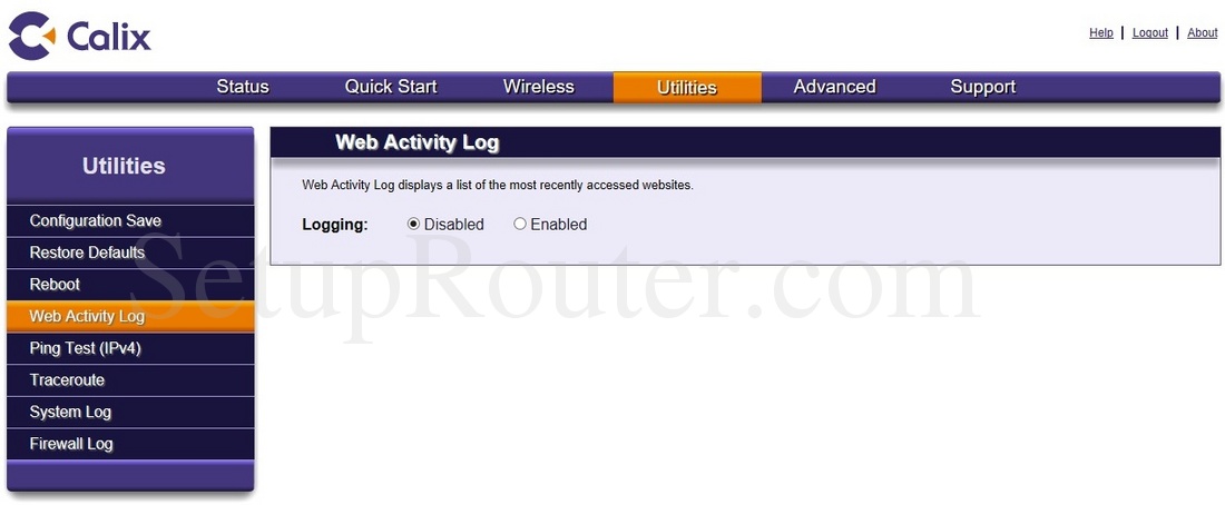 Calix 836GE Screenshot WebActivityLog