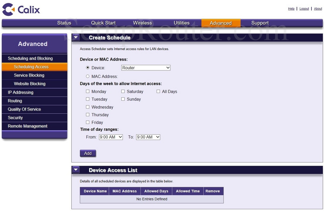 Calix 836GE Screenshot SchedulingAccess