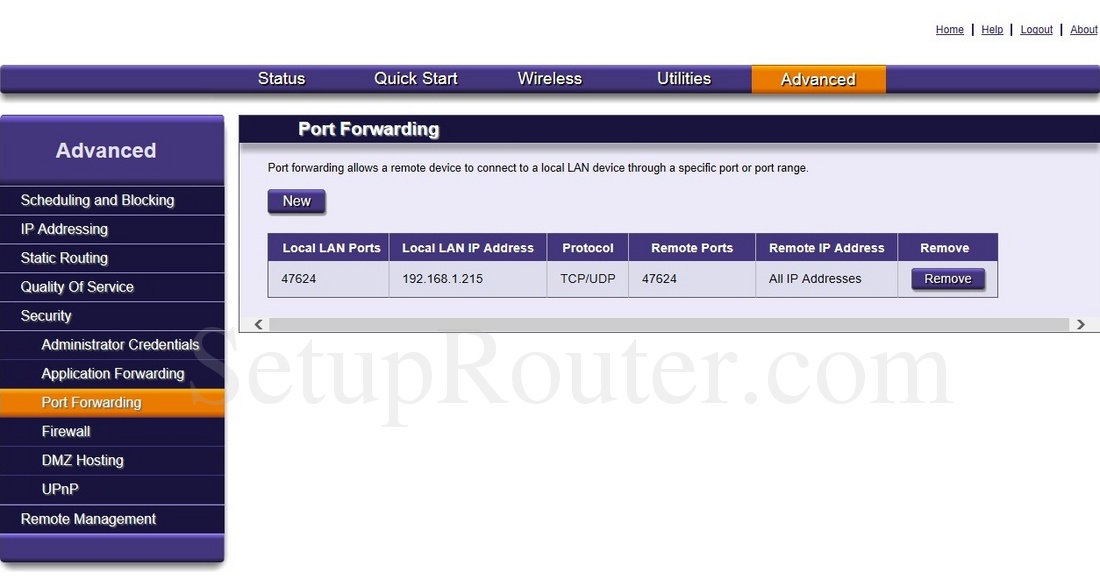 Calix 844G1 Screenshot PortForwarding